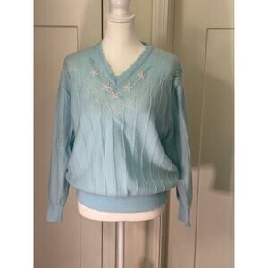 Vintage Gotham II baby blue Sweater with Blue Flowers vintage size 40